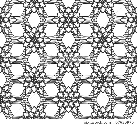 Lace flower bud seamless pattern. Floral line art repeat tile. Endless flat retro fabric background. Decorative plant summer textile print design. Ornate geometric ornament. Fashion botanical carpet 97630979