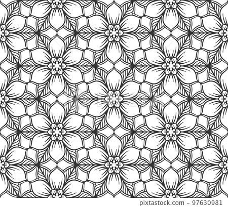 Abstract flower seamless pattern. Floral geometric hexagonal ornament. Black and white limitless background. Endless stylish graphic modern repeat pattern. Fashion monochrome lattice mosaic Abstract flower seamless pattern. Floral geometric hexagonal ornament. Black and white limitless background. Endless stylish graphic modern repeat pattern. Fashion monochrome lattice mosaic 97630981