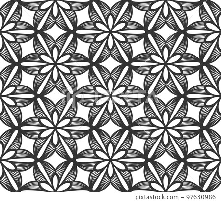 Lace flower bud seamless pattern. Floral line art repeat tile. Endless flat retro fabric background. Decorative plant summer textile print design. Ornate geometric ornament. Fashion botanical carpet Lace flower bud seamless pattern. Floral line art repeat tile. Endless flat retro fabric background. Decorative plant summer textile print design. Ornate geometric ornament. Fashion botanical carpet 97630986