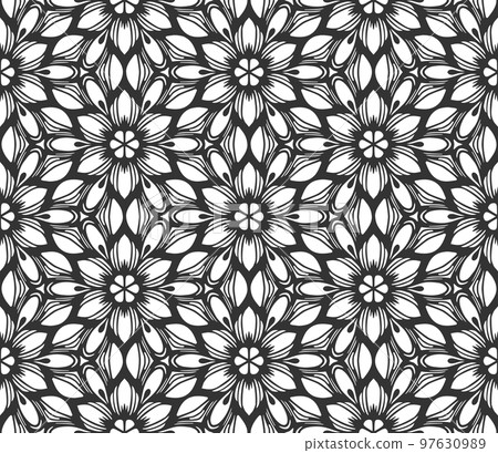 Retro abstract flower seamless pattern. Wrapping paper flat botanical design. Textile herbal ornament. Monochrome ornate background. Lace elegant fabric decor. Vintage geometric foliage backdrop 97630989