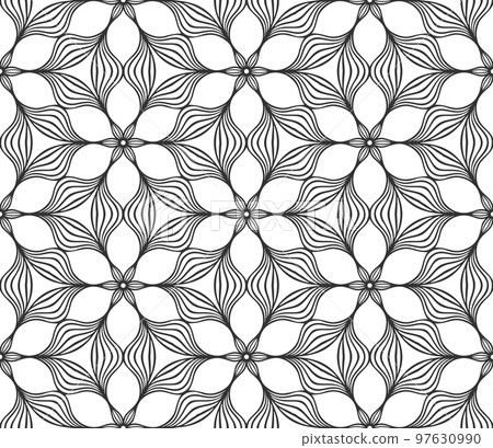 Lace flower bud seamless pattern. Floral line art repeat tile. Endless flat retro fabric background. Decorative plant summer textile print design. Ornate geometric ornament. Fashion botanical carpet Lace flower bud seamless pattern. Floral line art repeat tile. Endless flat retro fabric background. Decorative plant summer textile print design. Ornate geometric ornament. Fashion botanical carpet 97630990