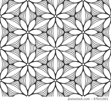 Abstract flower seamless pattern. Floral geometric hexagonal ornament. Black and white limitless background. Endless stylish graphic modern repeat pattern. Fashion monochrome lattice mosaic Abstract flower seamless pattern. Floral geometric hexagonal ornament. Black and white limitless background. Endless stylish graphic modern repeat pattern. Fashion monochrome lattice mosaic 97631001