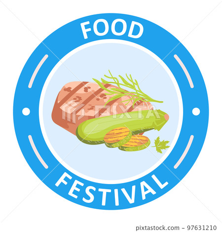 Grill bbq food sign restaurant barbecue meat at label design, vector illustration. Hot beaf symbol, lunch with cartoon sausage. 97631210
