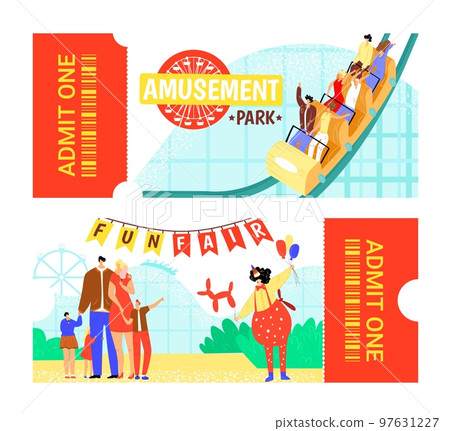 Amusement park ticket design, vector illustration. Circus entertainment background, carnival tent at fun invitation banner. Amusement park ticket design, vector illustration. Circus entertainment background, carnival tent at fun invitation banner. 97631227