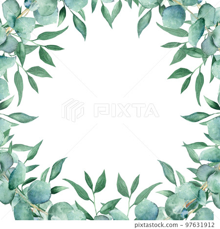 Watercolor square frame with eucalyptus and pistachio branches. Hand drawn botanical illustration isolated on white background. Can be used as invitation card for wedding, birthday, anniversary Watercolor square frame with eucalyptus and pistachio branches. Hand drawn botanical illustration isolated on white background. Can be used as invitation card for wedding, birthday, anniversary 97631912