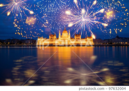 fireworks display over Budapest happy new year fireworks display over Budapest happy new year 97632004