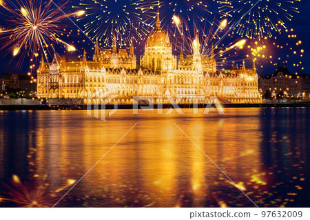 fireworks display over Budapest happy new year fireworks display over Budapest happy new year 97632009