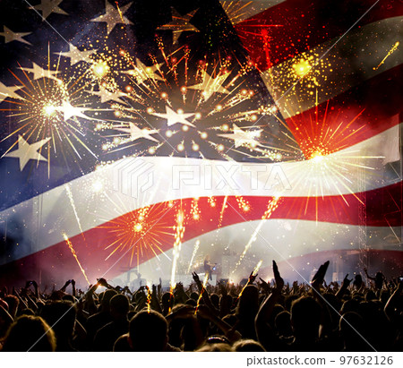 usa flag crowd and fireworks celebration usa flag crowd and fireworks celebration 97632126