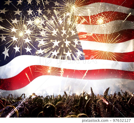 usa flag crowd and fireworks celebration usa flag crowd and fireworks celebration 97632127