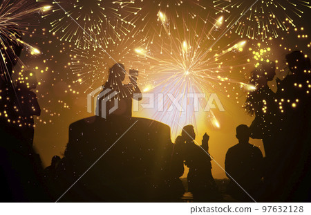 crowd watching fireworks on New Year eve crowd watching fireworks on New Year eve 97632128