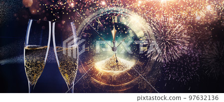 new year background with champagne glasses and fireworks new year background with champagne glasses and fireworks 97632136