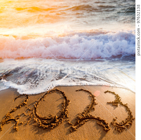 2023 written in sand New Year on the beach 2023 written in sand New Year on the beach 97632138