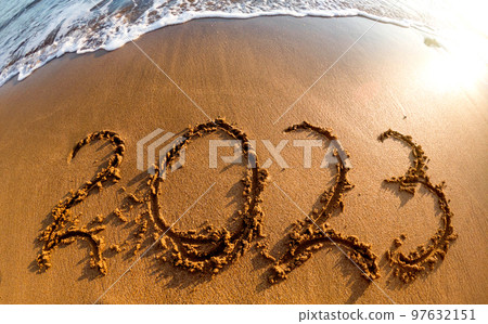2023 written in sand New Year on the beach 2023 written in sand New Year on the beach 97632151