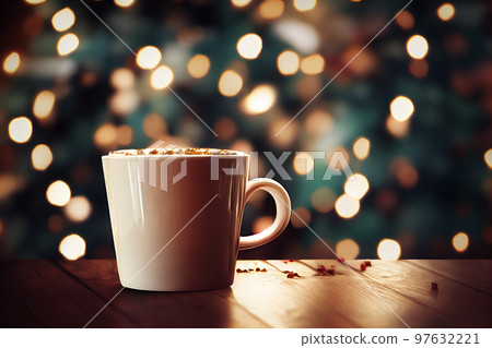 hot drinks against Christmas lights 97632221