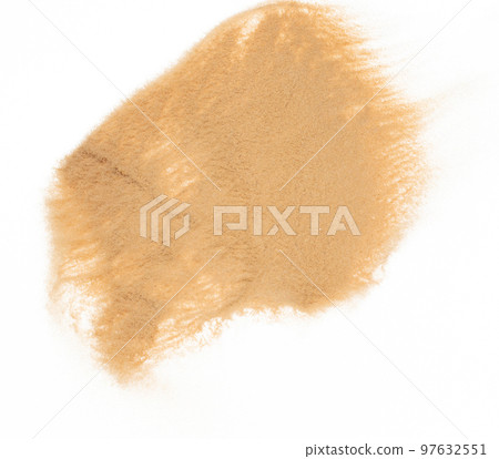 Small size fine Sand flying explosion, Golden grain wave explode. Abstract cloud fly. Yellow colored sand splash silica in Air. White background Isolated high speed shutter, throwing freeze shot Small size fine Sand flying explosion, Golden grain wave explode. Abstract cloud fly. Yellow colored sand splash silica in Air. White background Isolated high speed shutter, throwing freeze shot 97632551