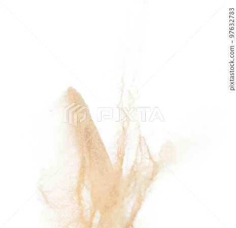 Small Fine size Sand flying explosion, Golden grain wave explode. Abstract cloud fly. Yellow colored sand splash throwing in Air. White background Isolated high speed shutter, throwing freeze stop 97632783