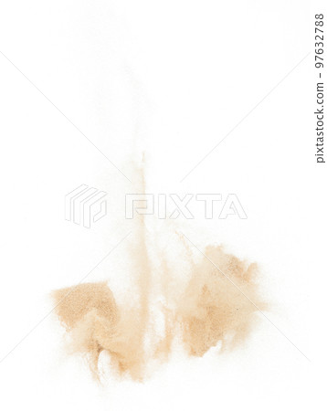 Small Fine size Sand flying explosion, Golden grain wave explode. Abstract cloud fly. Yellow colored sand splash throwing in Air. White background Isolated high speed shutter, throwing freeze stop Small Fine size Sand flying explosion, Golden grain wave explode. Abstract cloud fly. Yellow colored sand splash throwing in Air. White background Isolated high speed shutter, throwing freeze stop 97632788