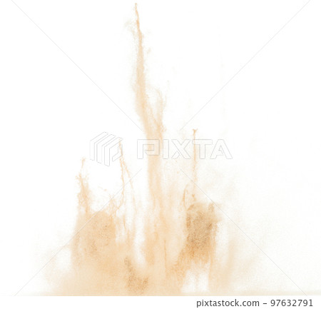 Small Fine size Sand flying explosion, Golden grain wave explode. Abstract cloud fly. Yellow colored sand splash throwing in Air. White background Isolated high speed shutter, throwing freeze stop 97632791