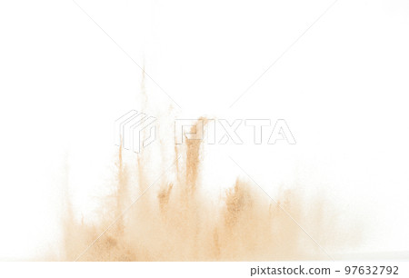 Small Fine size Sand flying explosion, Golden grain wave explode. Abstract cloud fly. Yellow colored sand splash throwing in Air. White background Isolated high speed shutter, throwing freeze stop 97632792