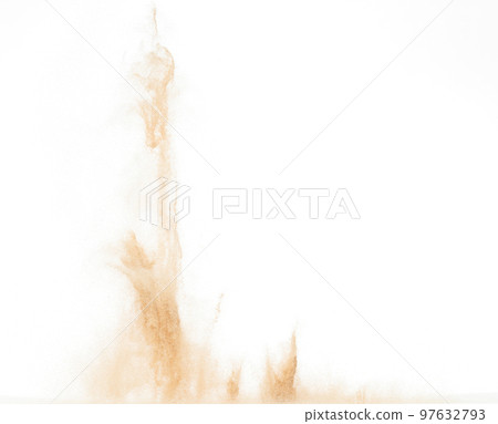 Small Fine size Sand flying explosion, Golden grain wave explode. Abstract cloud fly. Yellow colored sand splash throwing in Air. White background Isolated high speed shutter, throwing freeze stop 97632793