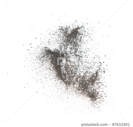 Black dried leave Tea explode. Small Fine size tea leaf flying explosion, Abstract cloud fly. Brown colored Teas splash throwing in Air. White background Isolated high speed shutter, throwing freeze 97632801