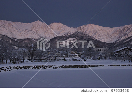 Beautiful early morning Hakuba Sanzan, Hakuba Station and Konaga River, Hakuba Village, Nagano Prefecture Beautiful early morning Hakuba Sanzan, Hakuba Station and Konaga River, Hakuba Village, Nagano Prefecture 97633468