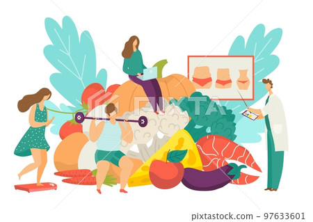 Doctor develop healthy diet, nutritionist show food meal for woman weight loss, vector illustration. Flat consultation for nutrition plan 97633601