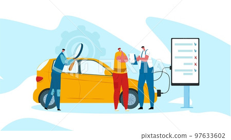 Car failure diagnosis, vehicle technician workshop vector illustration. Mechanic transport maintenance in garage, auto inspection and engine check. Car failure diagnosis, vehicle technician workshop vector illustration. Mechanic transport maintenance in garage, auto inspection and engine check. 97633602