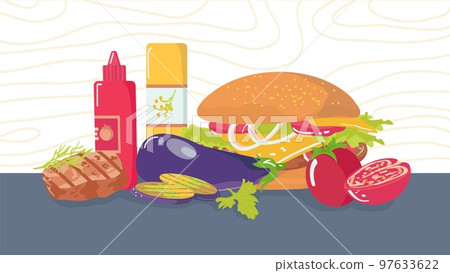 Barbecue meat for hamburger, restaurant food burger background, vector illustration. Beef and vegetable dinner, grilled meal with bread cheese. Barbecue meat for hamburger, restaurant food burger background, vector illustration. Beef and vegetable dinner, grilled meal with bread cheese. 97633622