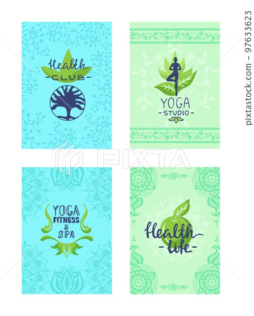 Yoga spa flyer design, vector illustration. Health wellness background banner set, beauty salon card with nature decoration element. Yoga spa flyer design, vector illustration. Health wellness background banner set, beauty salon card with nature decoration element. 97633623