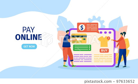 Pay online, vector illustration. People character make payment in internet flat store by electrical device app, web page concept. 97633652