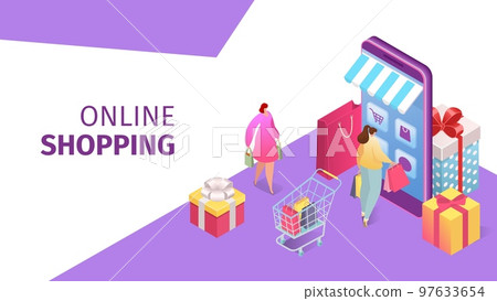 Online shopping technology, flat people use smartphone app concept vector illustration. Mobile business store in internet, man woman charcater 97633654