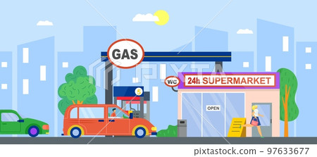 Gas station, fuel petrol for car, vector illustration. Flat service wtih gasoline, oil energy pump for transportation. Cartoon diesel refill industry 97633677