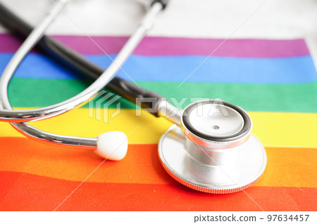 LGBT symbol, Stethoscope with rainbow ribbon, rights and gender equality, LGBT Pride Month in June. 97634457