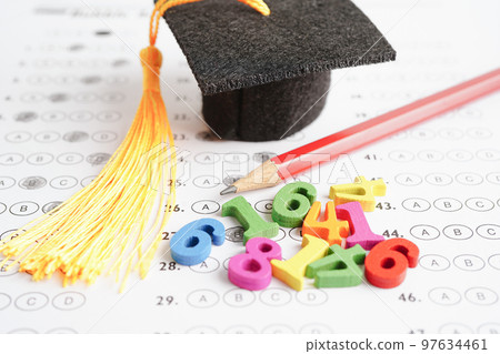 Math number with graduation gap hat on answer sheet test choice for learning Mathematic, education math concept. Math number with graduation gap hat on answer sheet test choice for learning Mathematic, education math concept. 97634461