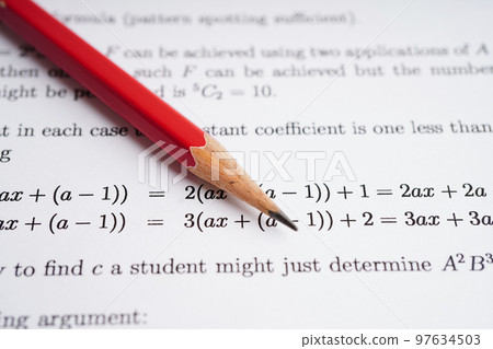 Pencil on mathematic formula exercise test paper in education school. Pencil on mathematic formula exercise test paper in education school. 97634503