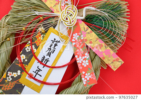 Japanese new year decorations on red background 97635027