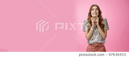 Girl prays god hopefully intense look sky cross fingers good luck nervously worried parents know throw party, standing anxious faithfully supplicating, dreaming wish come true, pink background Girl prays god hopefully intense look sky cross fingers good luck nervously worried parents know throw party, standing anxious faithfully supplicating, dreaming wish come true, pink background 97636433