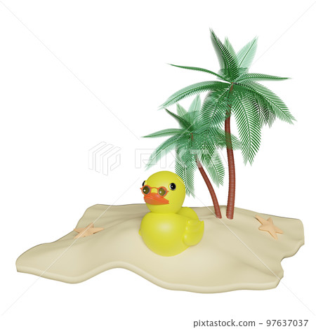 Beach with palm tree, seaside, yellow duck, starfish, sunglasses isolated. summer travel concept, 3d illustration or 3d render Beach with palm tree, seaside, yellow duck, starfish, sunglasses isolated. summer travel concept, 3d illustration or 3d render 97637037