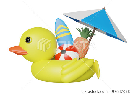 yellow inflatable duck with umbrella, ball, pineapple, surfboard isolated. summer travel concept, 3d illustration or 3d render yellow inflatable duck with umbrella, ball, pineapple, surfboard isolated. summer travel concept, 3d illustration or 3d render 97637038