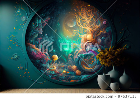 fantastic design creative interior with a portal on the wall leading to another dimension fantastic design creative interior with a portal on the wall leading to another dimension 97637113