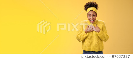 Glad impressed surprised cute african american girlfriend receive awesome unexpected surprised widen eyes open mouth amazed press palms chest is it for me gesture thankful, appreciate effort Glad impressed surprised cute african american girlfriend receive awesome unexpected surprised widen eyes open mouth amazed press palms chest is it for me gesture thankful, appreciate effort 97637227