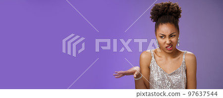 Arrogant peeky african-american woman in shiny luxurious dress cringing aversion wave away dislike aversion expressing disgust contempt speaking reluctant disappointed, grimacing Arrogant peeky african-american woman in shiny luxurious dress cringing aversion wave away dislike aversion expressing disgust contempt speaking reluctant disappointed, grimacing 97637544