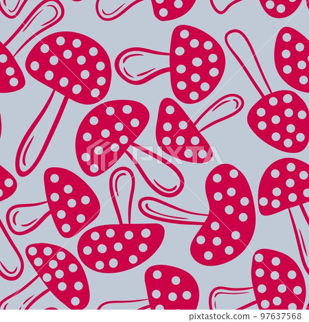 Hand drawn seamless pattern with red amanita mushrooms on grey background. Viva magenta 2023 color in forest wood woodland fungi fly agaric design. Toxic poisonous toadstool fabric print season. 97637568