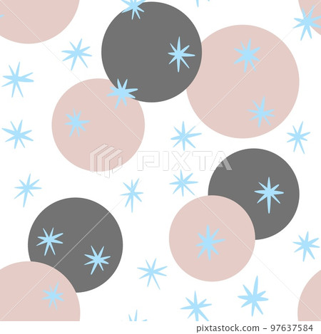 Hand drawn seamless pattern with grey beige round circles blue snow snowsflakes on white background. Retro vintage mid century modern design, abstract geometric fabric print, creative winter art. Hand drawn seamless pattern with grey beige round circles blue snow snowsflakes on white background. Retro vintage mid century modern design, abstract geometric fabric print, creative winter art. 97637584