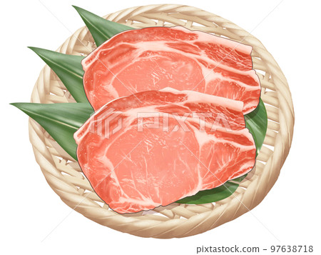A hand-drawn illustration of a delicious-looking realistic taste of two slices of pork loin on a bamboo colander 97638718