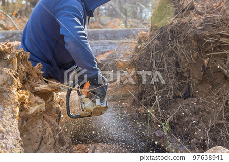 Using chain saw to cut down trees service worker ends up causing an ecological disaster as he destroys forest. Using chain saw to cut down trees service worker ends up causing an ecological disaster as he destroys forest. 97638941