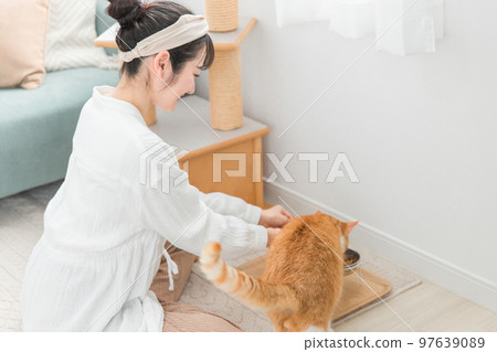 所有者亞裔婦女餵貓 所有者亞裔婦女餵貓 97639089