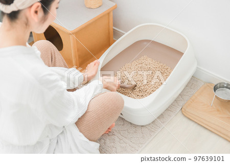 亞洲婦女在貓砂中清潔貓砂 亞洲婦女在貓砂中清潔貓砂 97639101