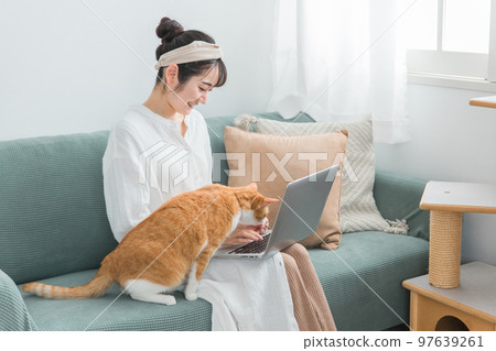 A woman who telework/remote work with a cat at home 97639261